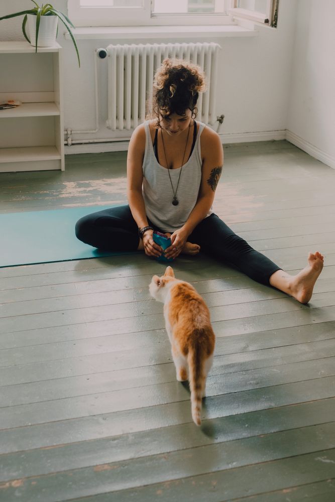 Relaxed woman playing with cat on floor at home