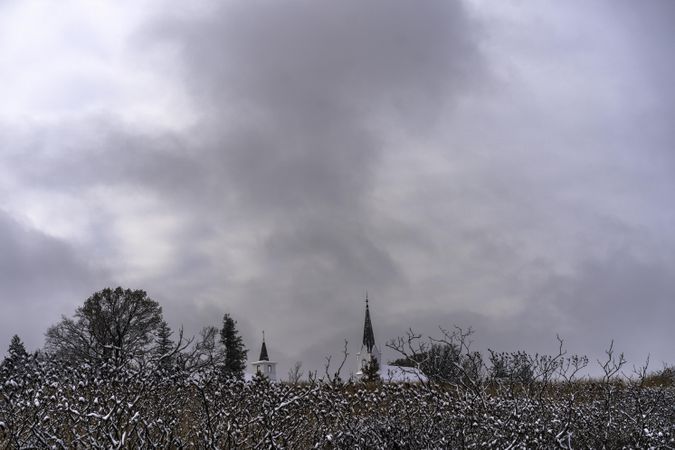 Church spires on an overcast winter day