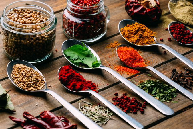 Set of various spices on table