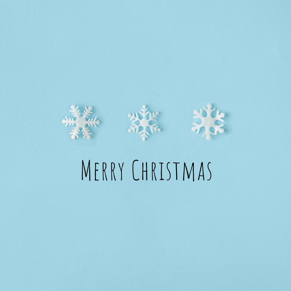 Row of snowflakes on blue background with “Merry Christmas”