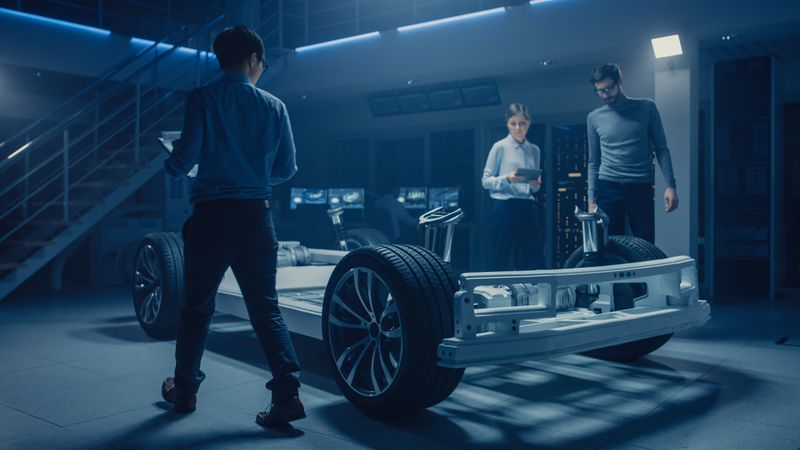 Diverse Automobile Engineers Talking while Working on Electric Car Platform Chassis Prototype