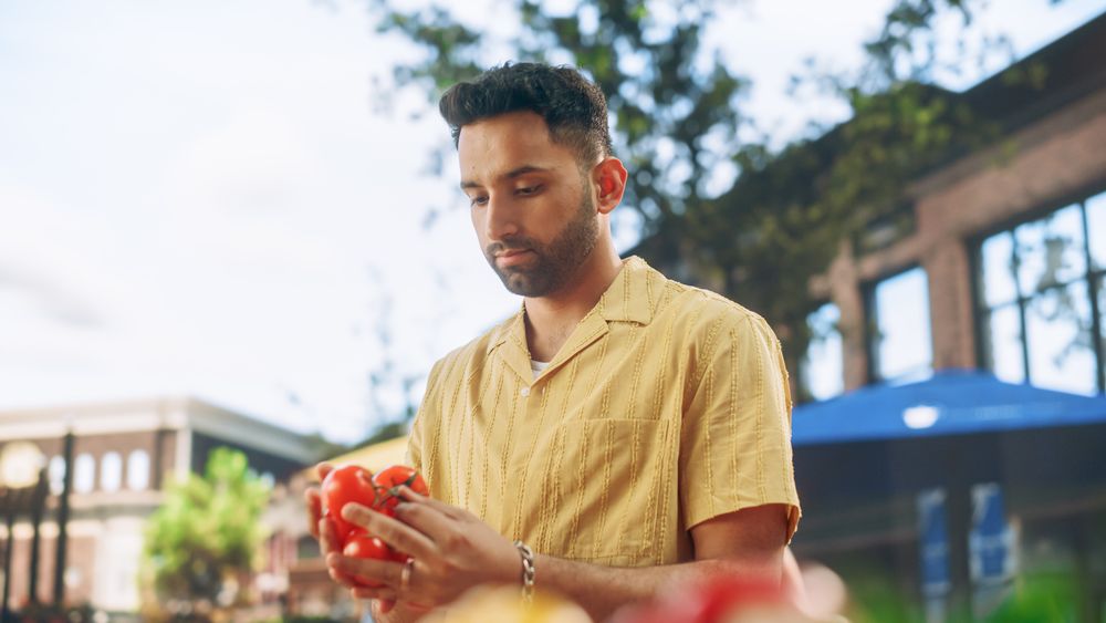 Arab Man Looking For the Most Ripe Vine of Tomatoes on the Food Stall