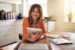 Portrait of businesswoman working at kitchen table