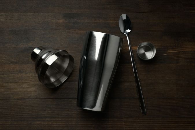 Concept of preparing cocktail, shaker, top view