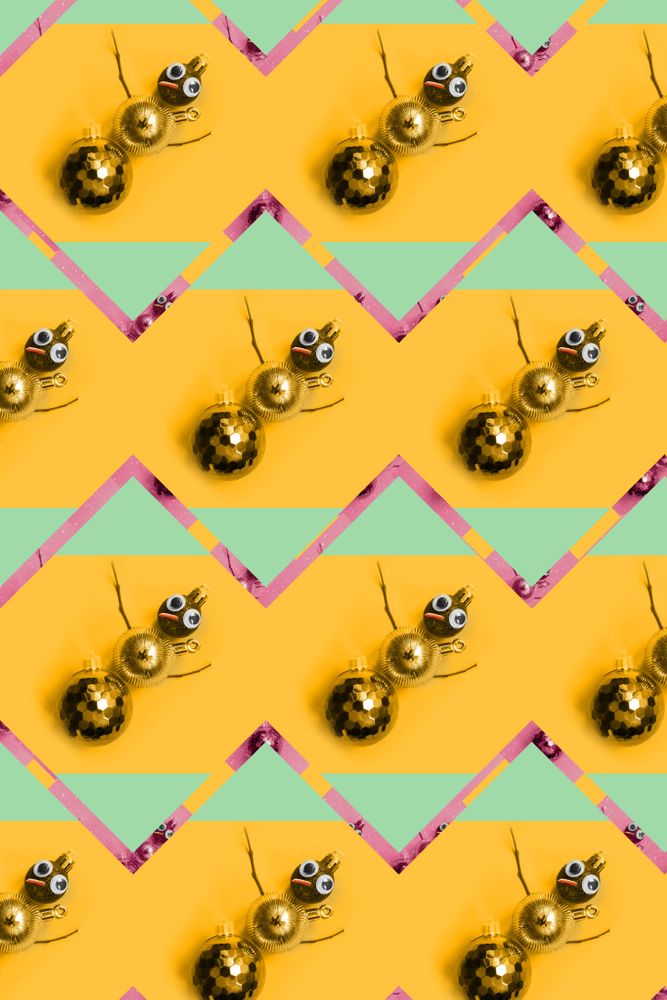 Rows of gold bauble snowman, on orange and green background
