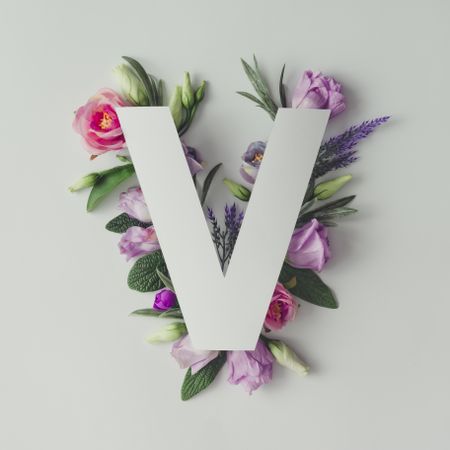 Colorful flowers, leaves and paper “V”