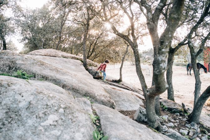 Boy walking on rocky hill