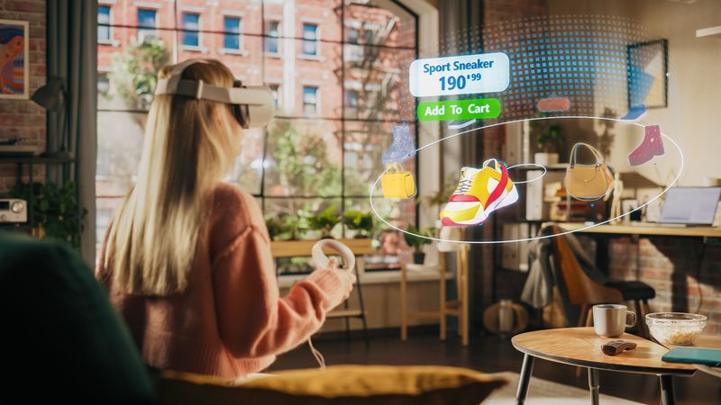 Woman at Home, Using Virtual Reality Headset  for Online Shopping, Browsing through Pictures of Stylish Brand Shoes and Handbags.