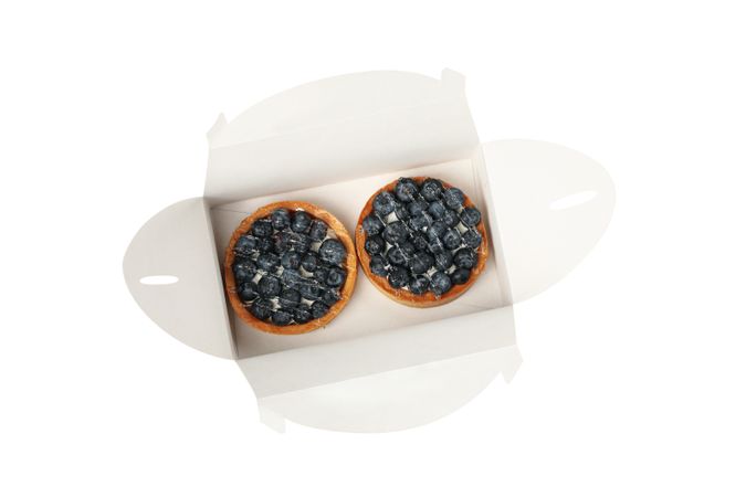 Carton box with blueberry pies isolated on light background