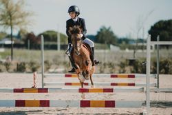 Teen girl riding horse and jumping over bars