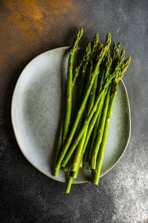 Raw asparagus on grey plate with copy space