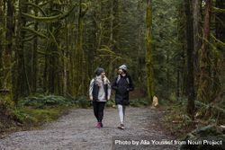 Woman and young female walking among tall trees 5z99g0