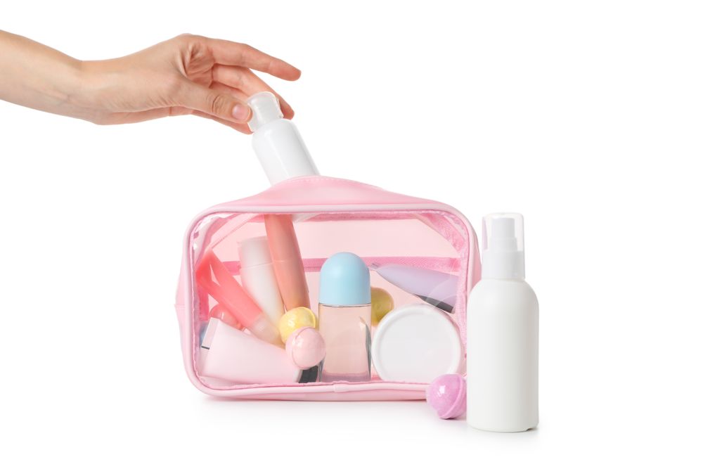 Bath accessories, toilet bag, isolated on plain background