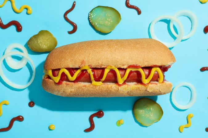 Tasty hot dog and ingredients on blue background