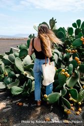 Woman standing among large prickly pear plant in Lanzarote 0KdKA5