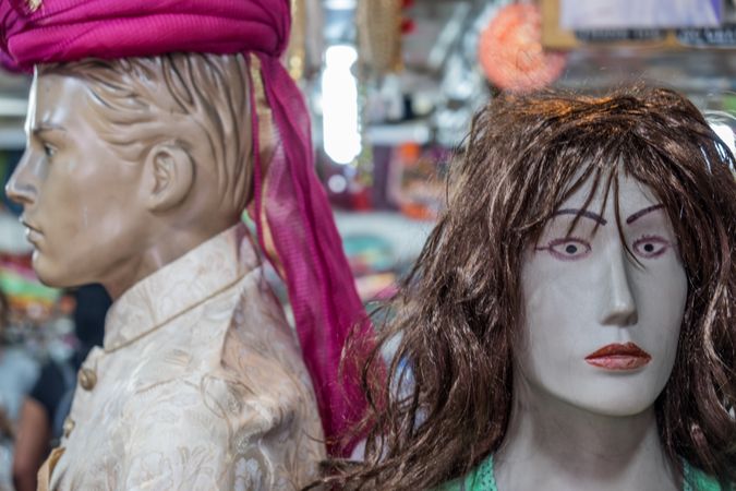 Close up of two mannequin heads