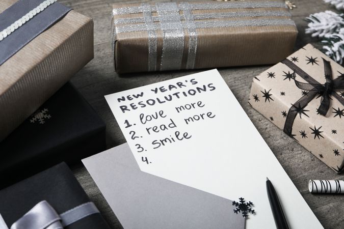 Concept of New Year Resolutions list, new year goals, close up