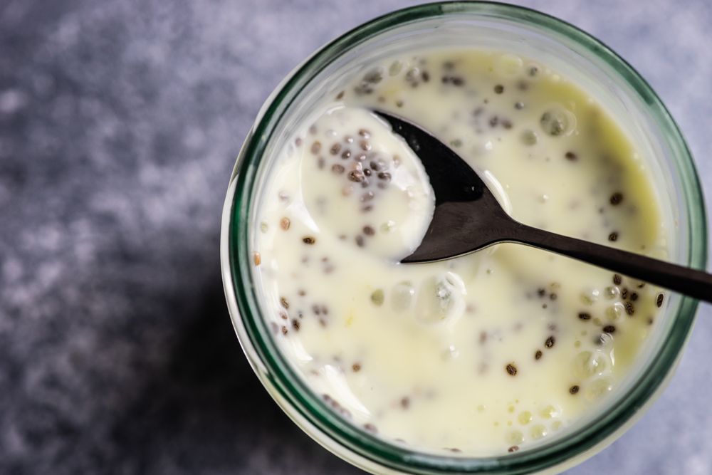 Mason jar of healthy breakfast with chia seeds