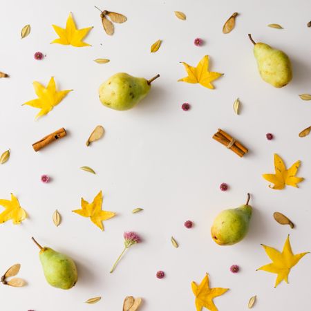 Colorful autumn pattern made of pears, leaves and flowers
