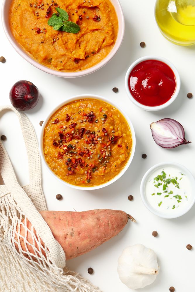 Concept of tasty food, sweet potato puree, top view