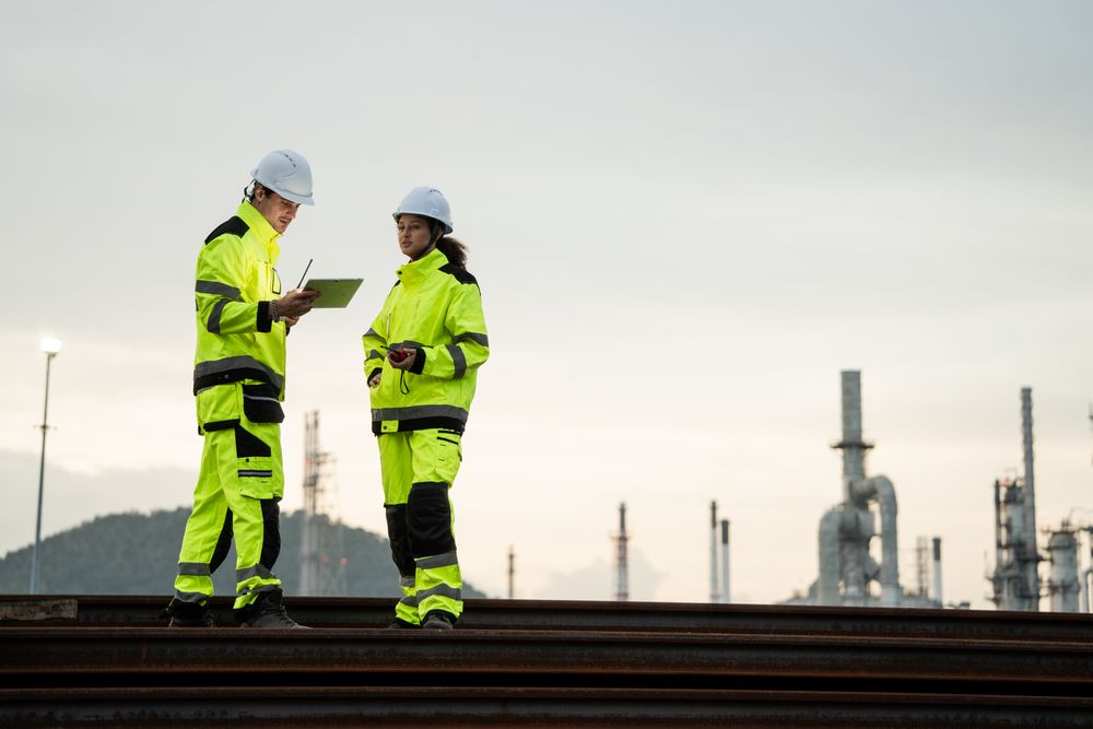 Engineer worker watching work monitor on digital tablet at refinery factory at night