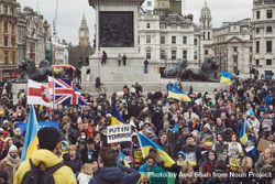 London, England, United Kingdom - March 5 2022: Crowd of protestors in Trafalgar Square with Big Ben 48OLZ5