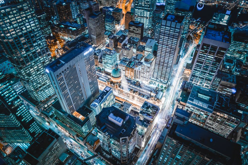 Aerial view of city buildings during night time