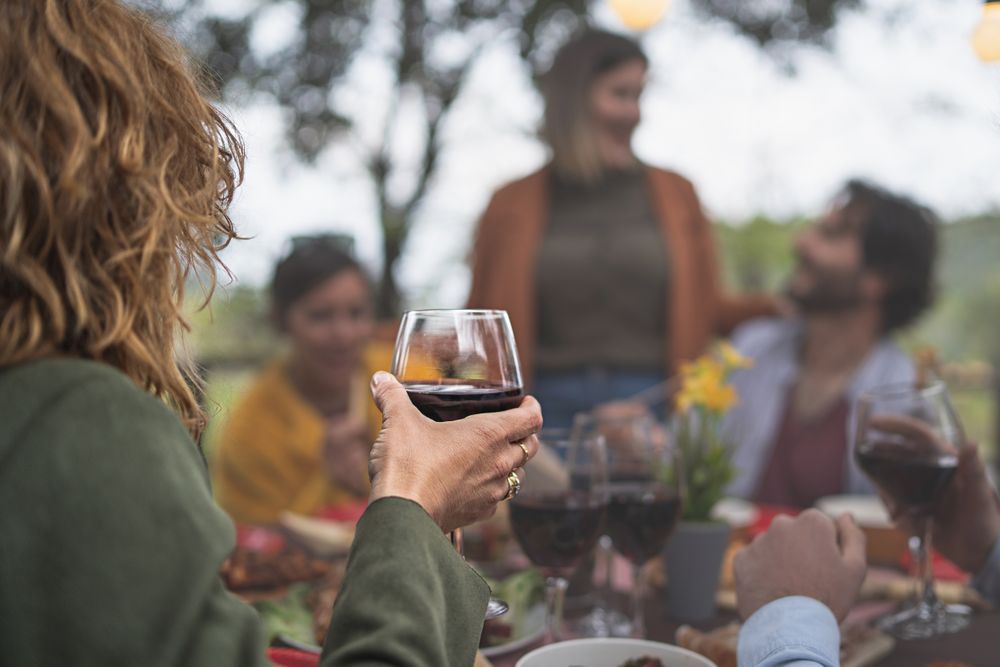 Blonde woman holding a glass of red wine talking with friends at picnic table in the countryside