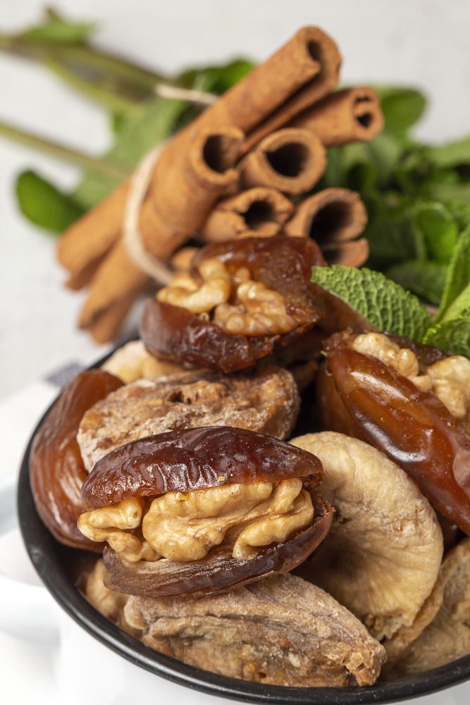 Dates fruits with walnuts, mint and cinnamon for Ramadan