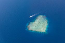 Landscape shot of island in the Maldives shot from an airplane, with boat