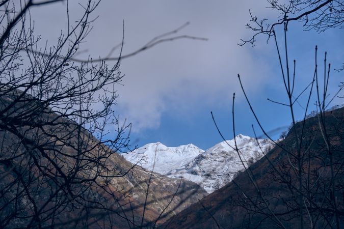Scenery of snowy mountain tops in autumn