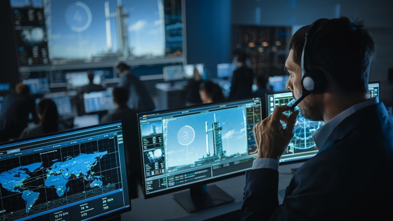 Aerospace Technician Monitors Global Satellite Network and Rocket Launch.