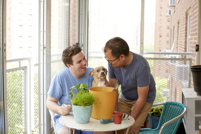 Two men and a dog sitting at a table on balcony