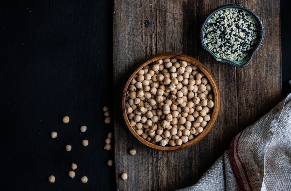 Bowl of garbanzo beans and sesame seeds