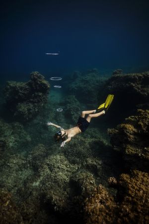 Anonymous diver blowing bubbles under seawater