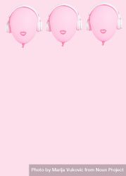 Three pink balloons with lips wearing headphones with copy space 4OxJab