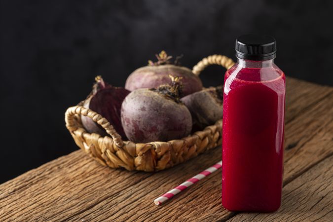Red beet juice in plastic bottle.