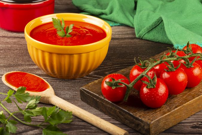 Delicious homemade tomato soup in bowl.