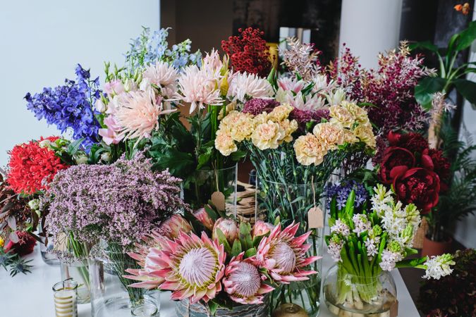 Assorted blooming colorful flowers in glass vases