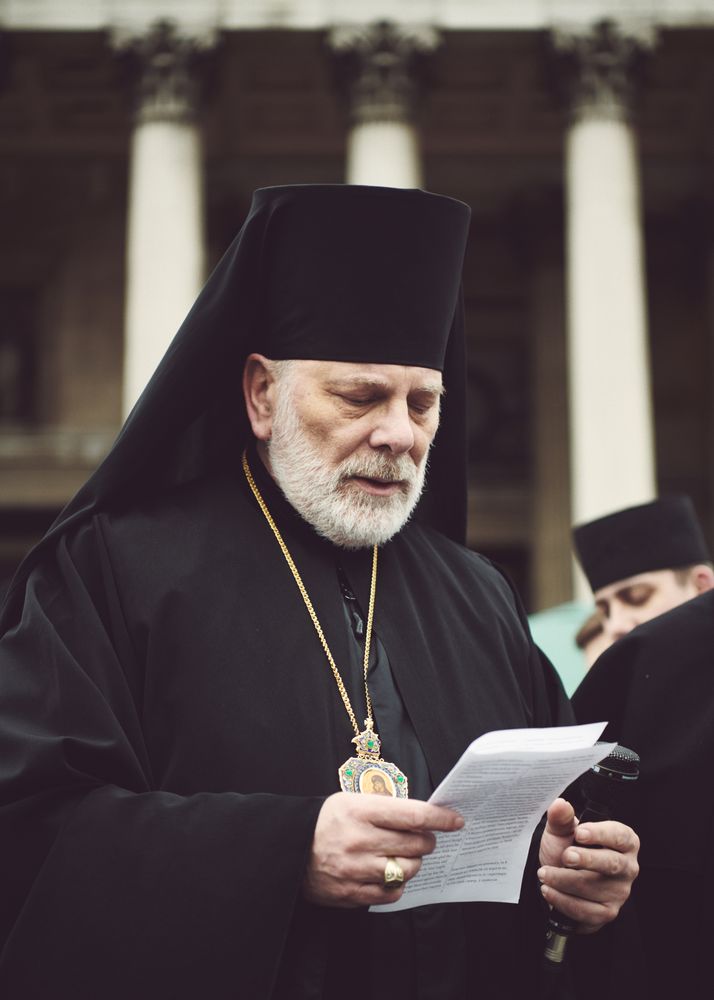 London, England, United Kingdom - March 5 2022: Orthodox priest speaking at anti-war protest