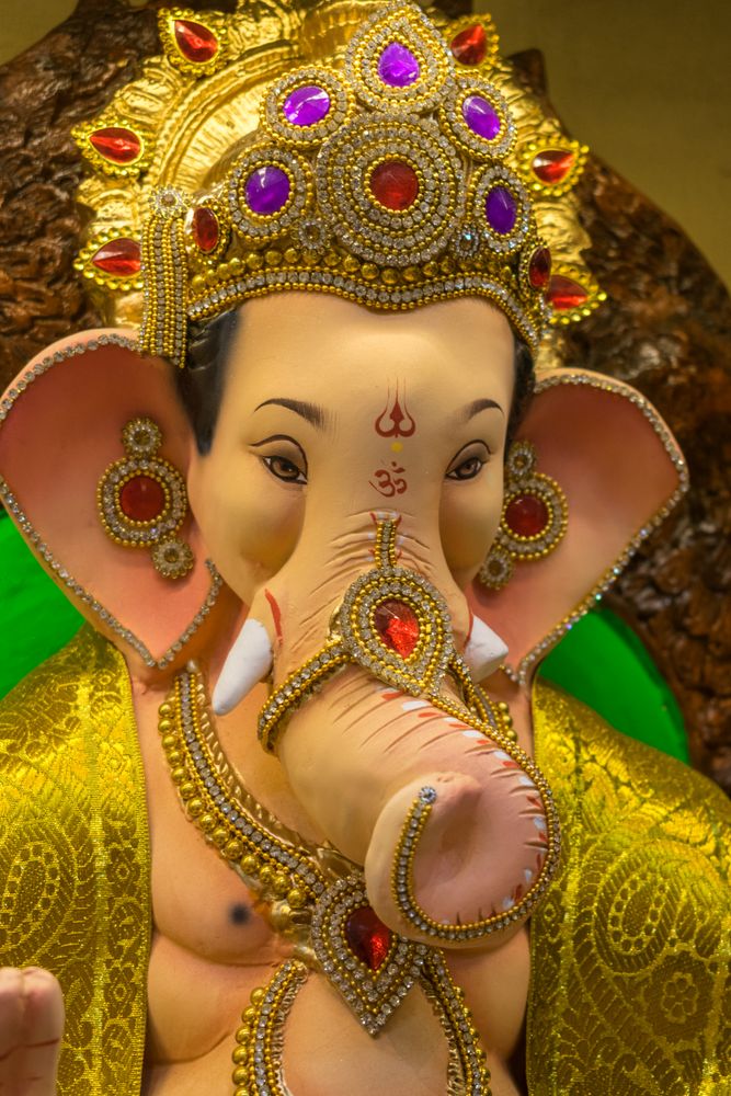 A beautiful idol of Lord Ganpati on display at a workshop in Mumbai, India for the festival of Ganesh Chaturthi