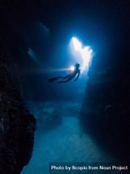 Person diving underwater cave 4mGK70