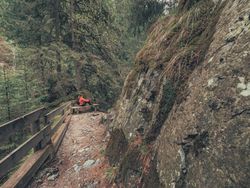 Hiker resting while walking on path