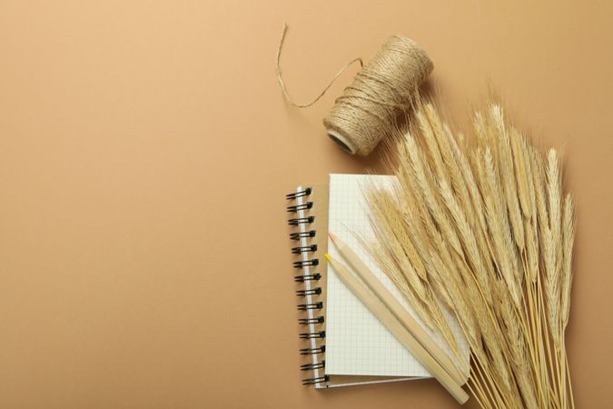 Notebook with dried flowers, yarn, pencils and copy space