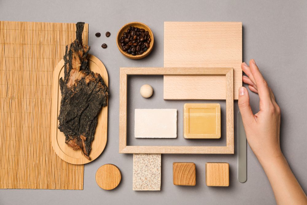 Flat lay of creative moodboard composition, top view