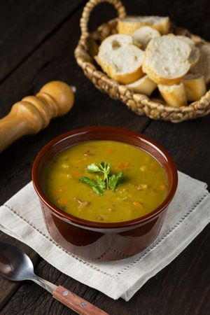 Pea soup. Bowl with pea soup on the table
