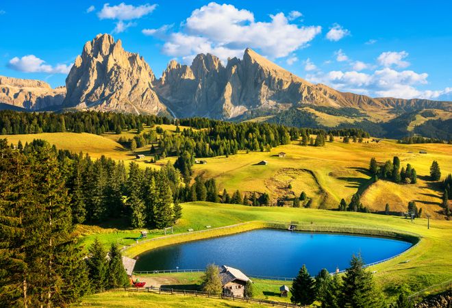Lake and mountains, Alpe di Siusi or Seiser Alm, Dolomites Alps, Italy