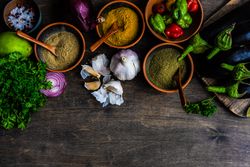 Georgian food cooking concept with bowls of spices