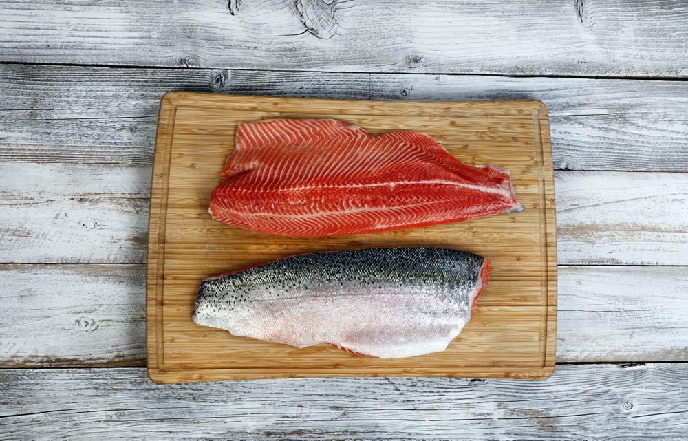 Rainbow trout fillet reversed on bamboo board