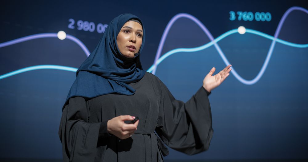 Business Expo Stage: Famous Inspirational Speaker From Gulf Region Talking about Technology, Science, Success, Productivity.